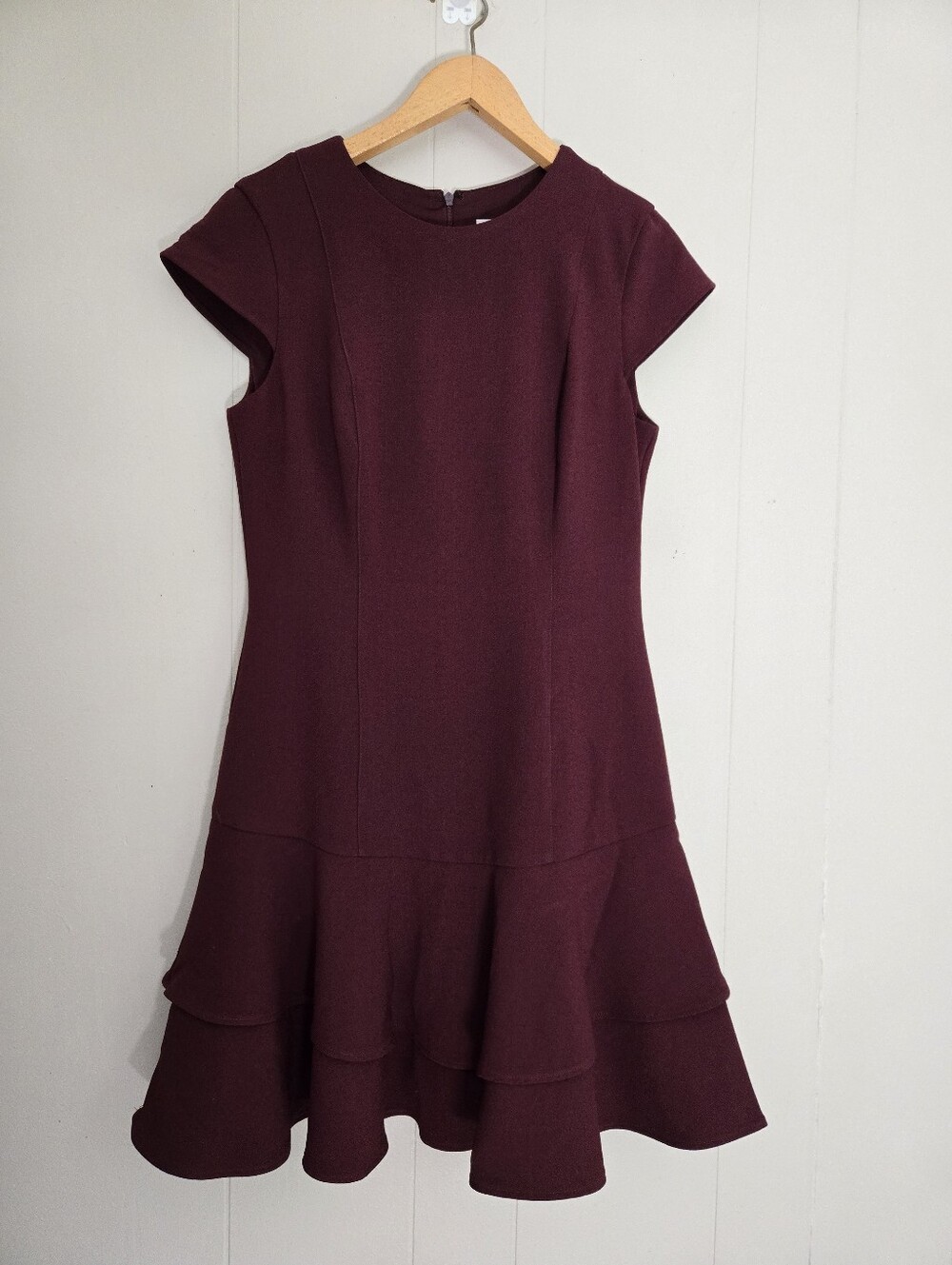 Eliza J Cap Sleeve Double Ruffle Dress Maroon Burgundy Red Business Formal Chic